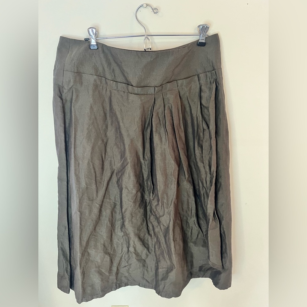 Max Mara dark khaki green metallic skirt. Crinkle with faux wrap in front